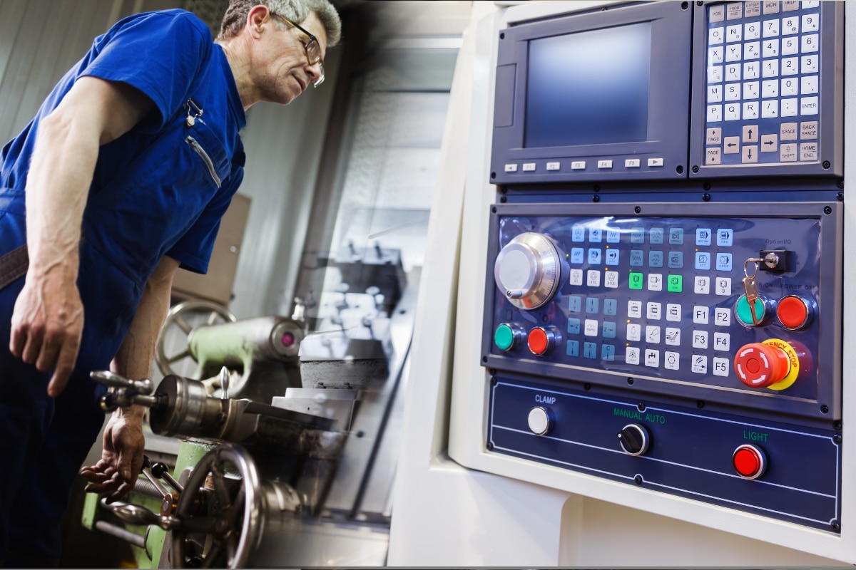 Worker in uniform operating in manual lathe in metal industry factory